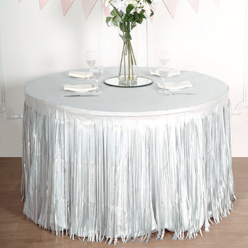 30"x9ft Iridescent Lavender Lilac Metallic Foil Fringe Table Skirt, Self Adhesive Tinsel Table Skirt