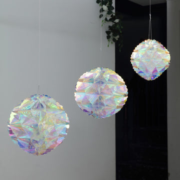 Set of 3 | Iridescent 3D Round Hanging Honeycombs, Rainbow Wall Backdrop Decorations - 6", 8", 10"