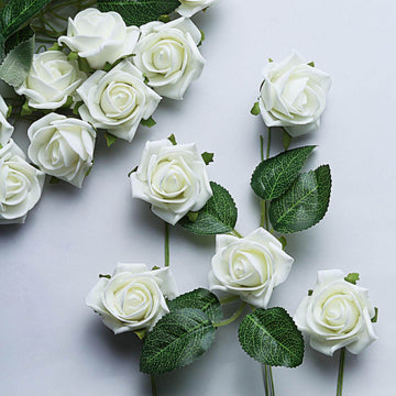 24 Roses 2" Ivory Artificial Foam Flowers With Stem Wire and Leaves