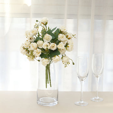 2 Pack | 12" Ivory Artificial Open Rose Flower Arrangements, Small Faux Floral Bouquets