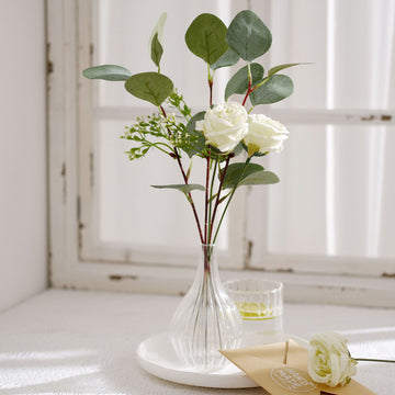 15" Ivory Artificial Silk Rose and Eucalyptus Flower Bouquet Arrangement