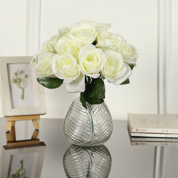 12" Ivory Artificial Velvet-Like Fabric Rose Flower Bouquet Bush
