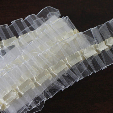 25 Yards | 1.5" Ivory Double Layered Insertion Ruffled Lace Trim With Classic Organza Fabric