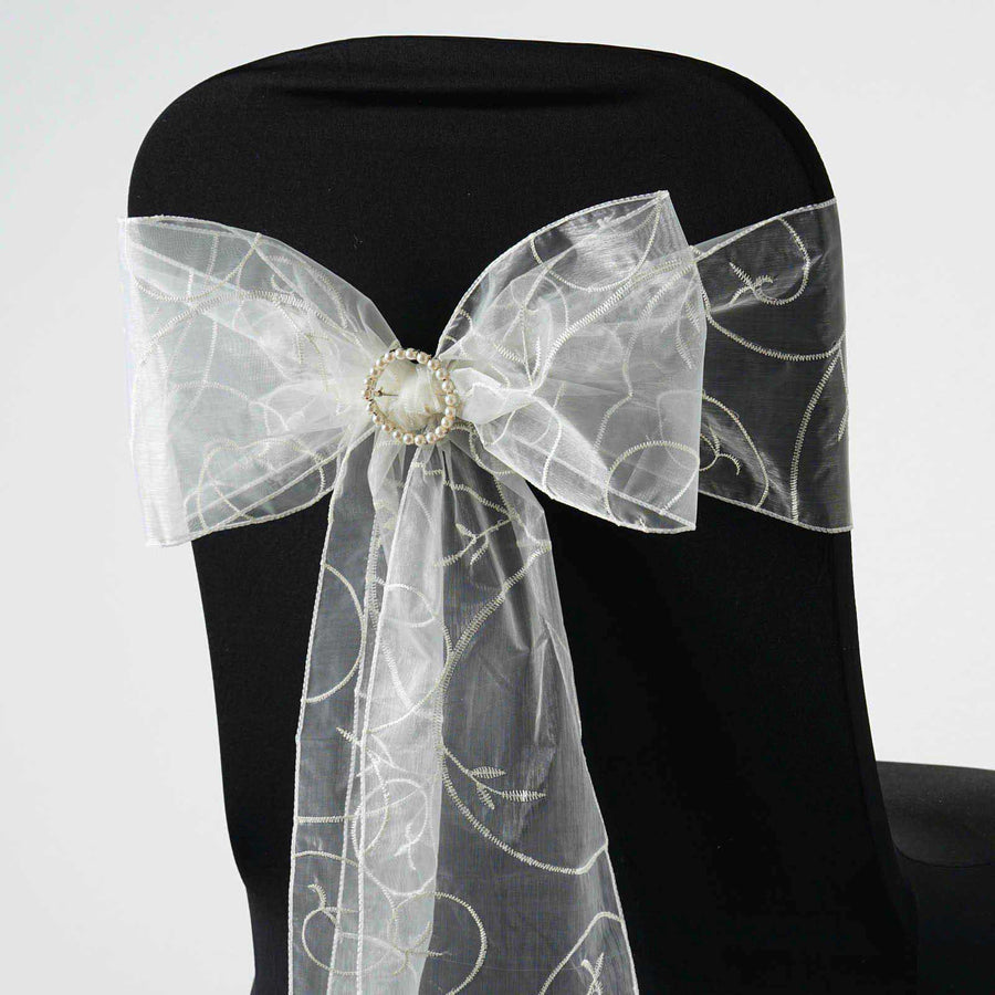 5 PCS | 7 Inch x108 Inch | Ivory Embroidered Organza Chair Sashes | TableclothsFactory