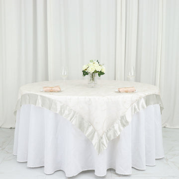 60"x60" Ivory Embroidered Sheer Organza Square Table Overlay With Satin Edge