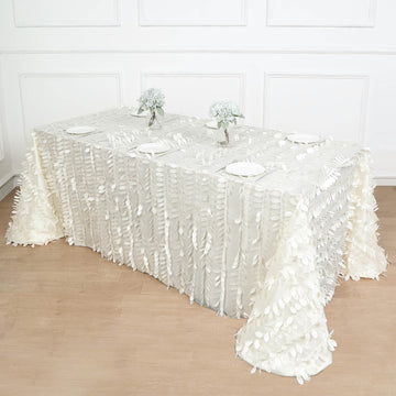 90"x156" Ivory 3D Leaf Petal Taffeta Fabric Seamless Rectangle Tablecloth