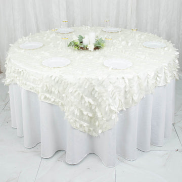 54" Ivory 3D Leaf Petal Taffeta Fabric Seamless Square Table Overlay