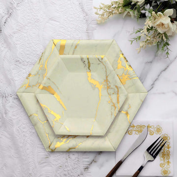 25 Pack Ivory Marble 8.5" Dessert Salad Paper Plates, Disposable Appetizer Hexagon Geometric Plates Shaped With Gold Foil Marble Design - 400 GSM