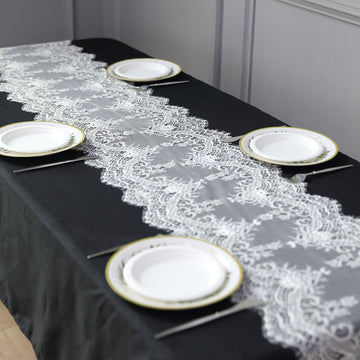 15"x117" Ivory Premium Lace Fabric Table Runner, Vintage Classic Table Decor With Scalloped Frill Edges