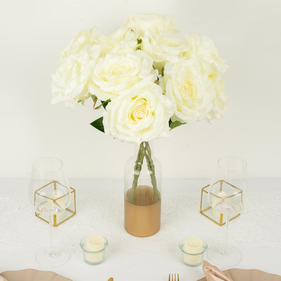 2 Bushes | 17inch Ivory Premium Silk Jumbo Rose Flower Bouquet, Wedding Floral Arrangements