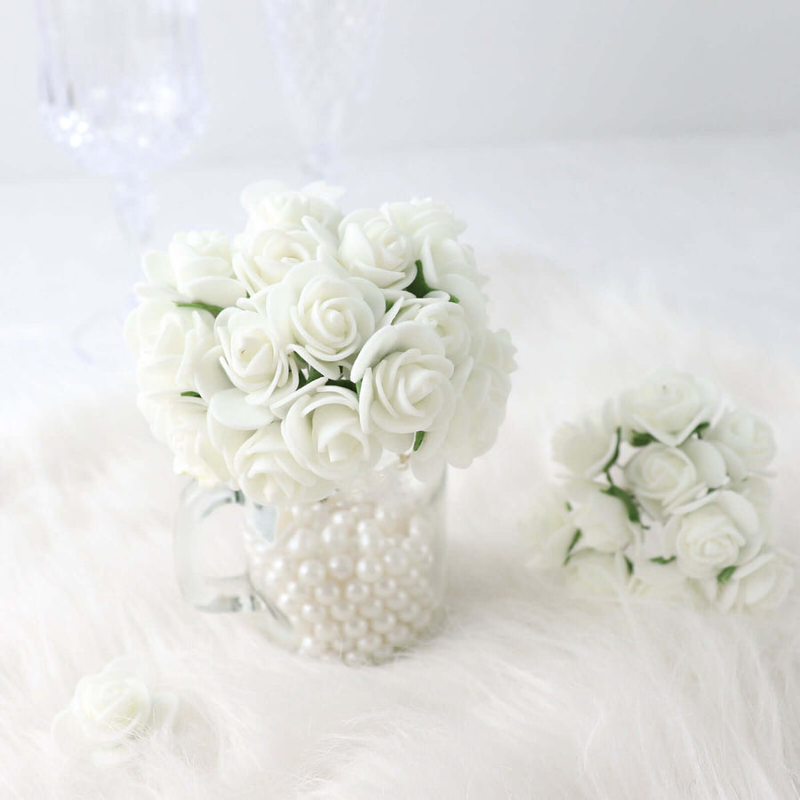 48 Roses | 1Inch Ivory Real Touch Artificial DIY Foam Rose Flowers With Stem, Craft Rose Buds