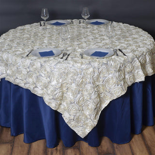 Elevate Your Table Decor with the Ivory 3D Rosette Satin Square Table Overlay
