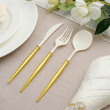 24 Pack | Ivory 8Inch Modern Flatware Set, Heavy Duty Plastic Silverware With Gold Handles