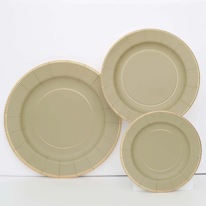 25 Pack | 10inch Khaki Gold Rim Sunray Disposable Dinner Plates