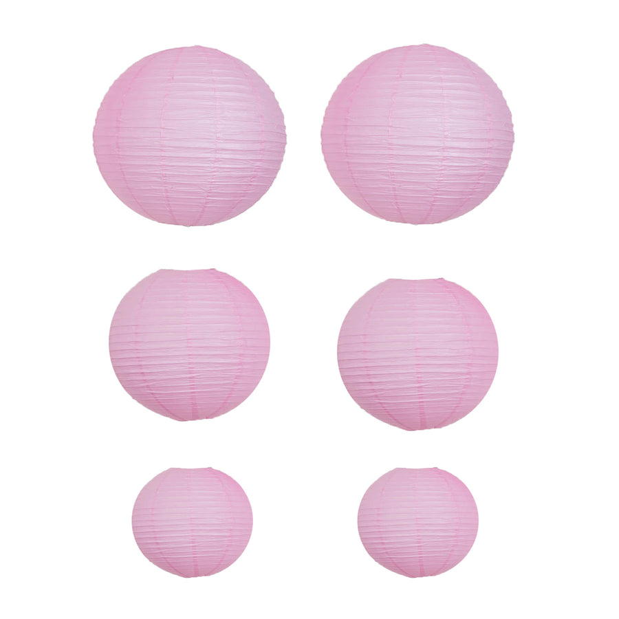 Set of 6 - Pink Hanging Paper Lanterns Round Assorted Size#whtbkgd
