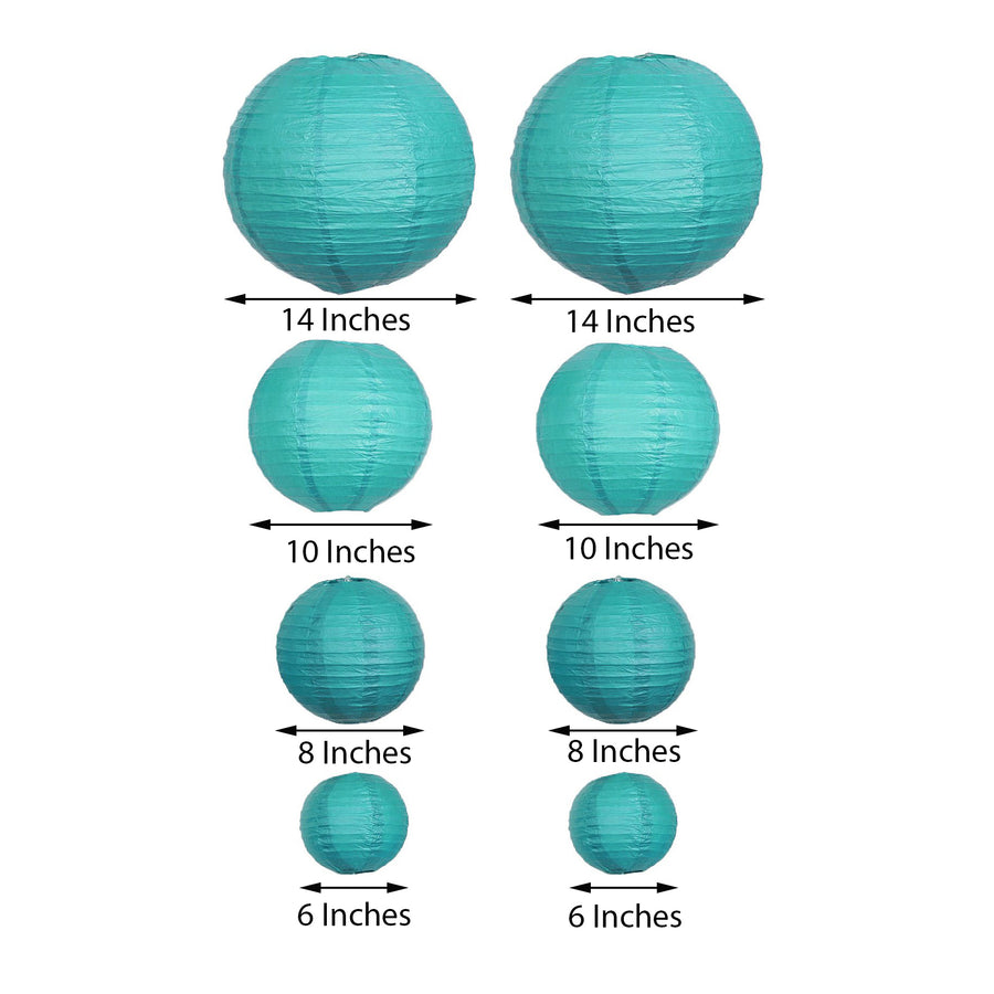 Set of 8 - Turquoise Hanging Paper Lanterns Round Assorted Size - 6", 8", 10", 14"