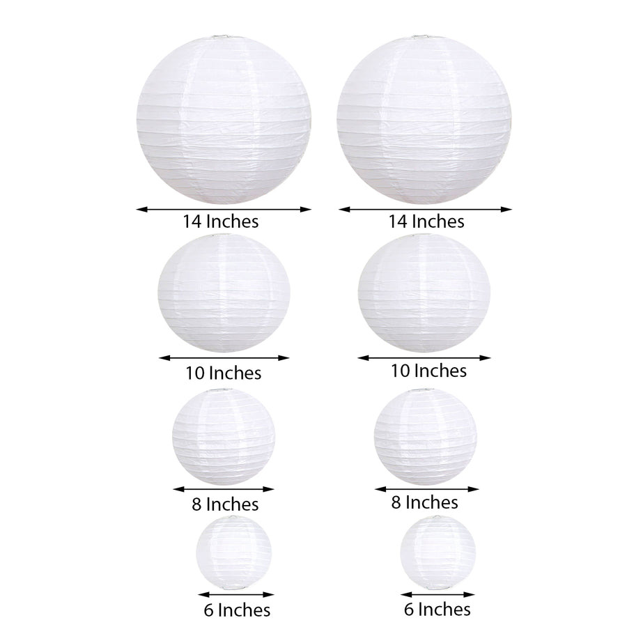 Set of 8 - White Hanging Paper Lanterns Round Assorted Size - 6", 8", 10", 14"