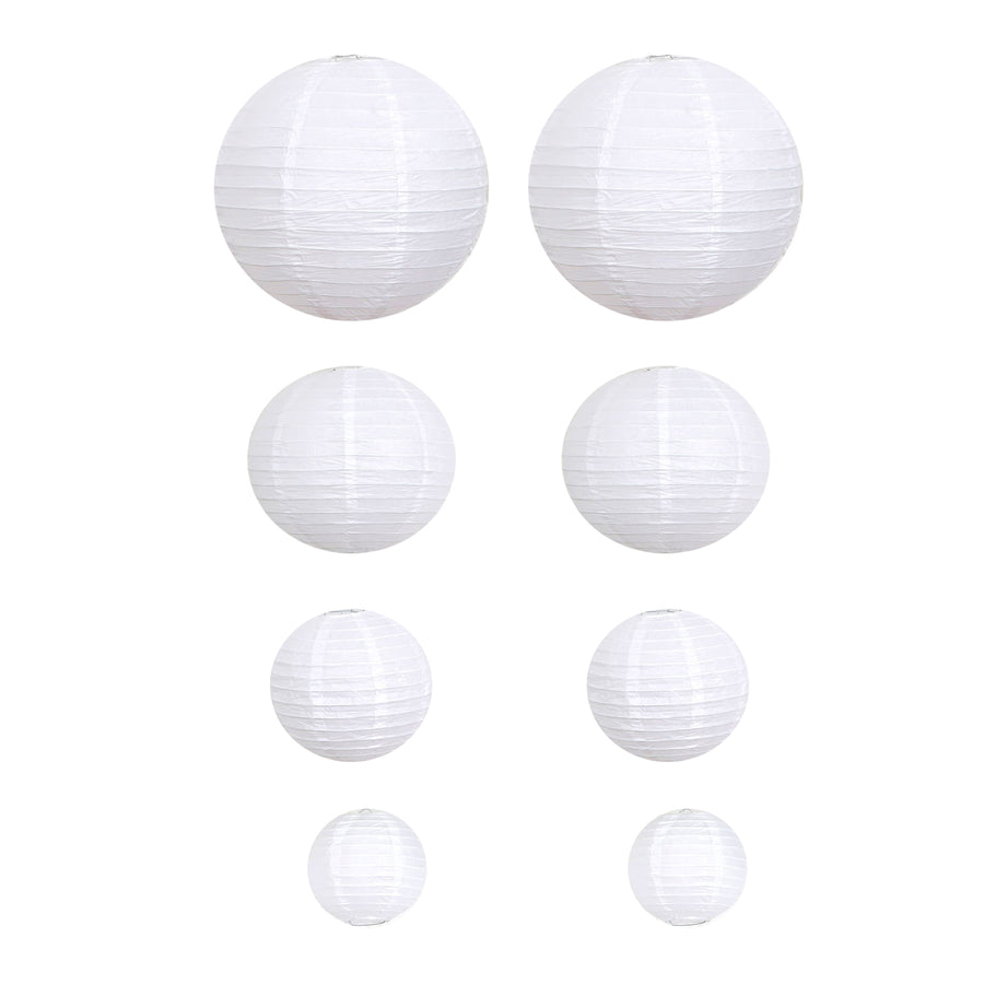 Set of 8 - White Hanging Paper Lanterns Round Assorted Size - 6", 8", 10", 14"#whtbkgd