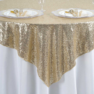 Enhance Your Event Decor with the Champagne Duchess Sequin Table Overlay