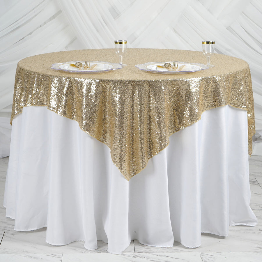 60" x 60" Champagne Duchess Sequin Square Overlay