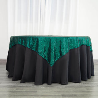 Add a Touch of Opulence with the 60"x60" Hunter Emerald Green Duchess Sequin Square Table Overlay