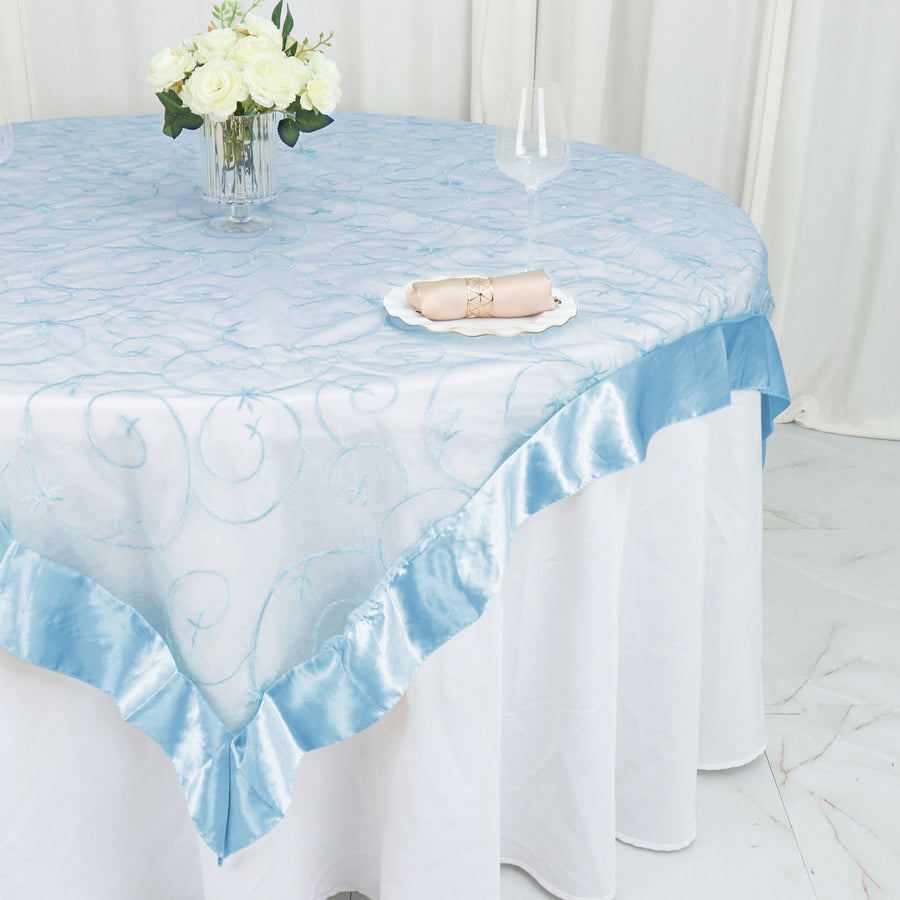 60"x60" Light Blue Satin Edge Embroidered Sheer Organza Square Table Overlay