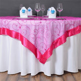 60"x60" Fuchsia Satin Edge Embroidered Sheer Organza Square Table Overlay#whtbkgd