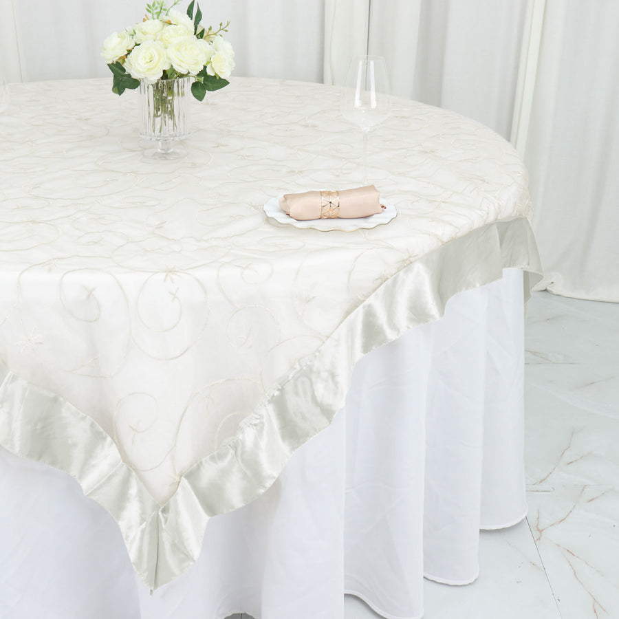 60"x60" Ivory Satin Edge Embroidered Sheer Organza Square Table Overlay