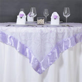 60x60inch Lavender Lilac Embroidered Sheer Organza Square Table Overlay With Satin Edge#whtbkgd