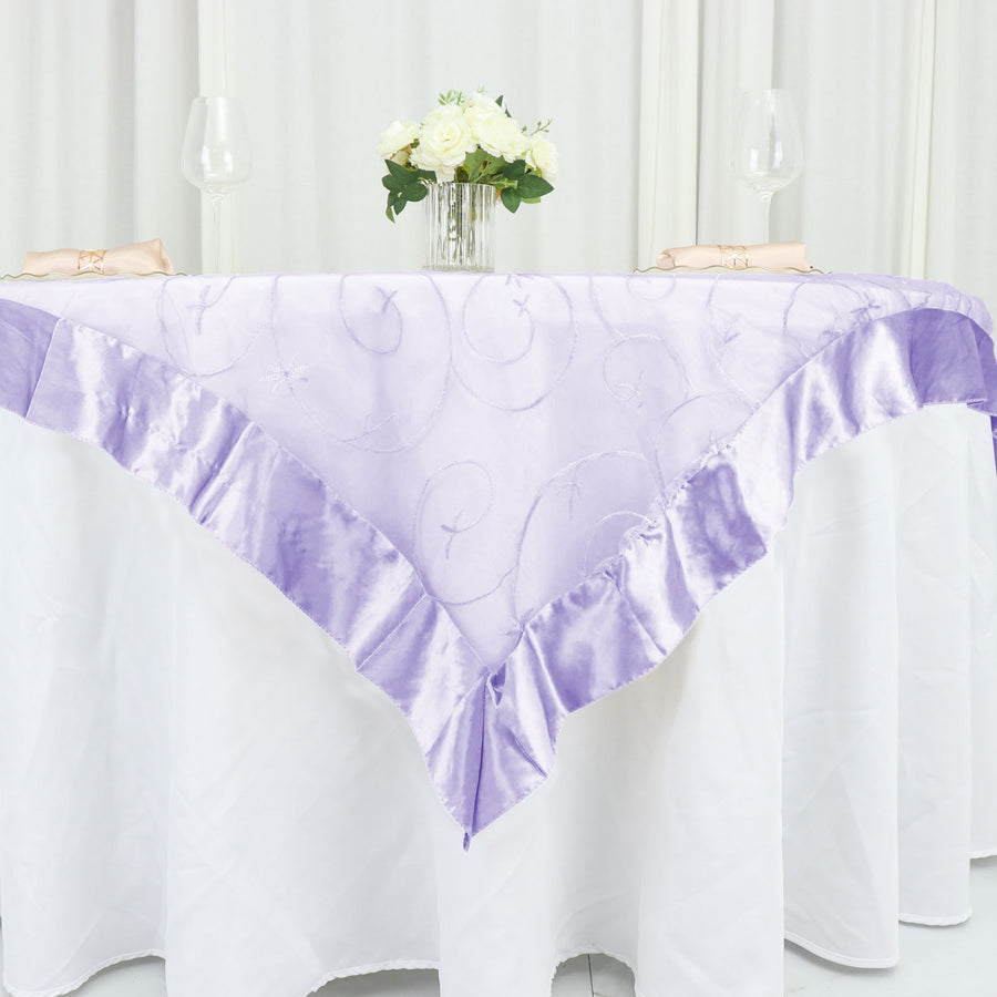 60x60inch Lavender Lilac Embroidered Sheer Organza Square Table Overlay With Satin Edge