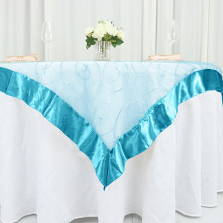 Turquoise Embroidered Sheer Organza Square Table Overlay: The Perfect Accent for Any Event
