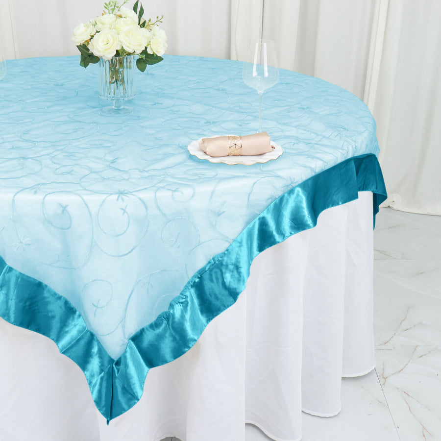 60"x60" Turquoise Satin Edge Embroidered Sheer Organza Square Table Overlay