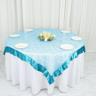 Turquoise Embroidered Sheer Organza Square Table Overlay With Satin Edge