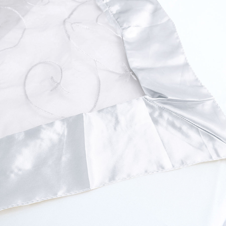 60"x60" White Satin Edge Embroidered Sheer Organza Square Table Overlay