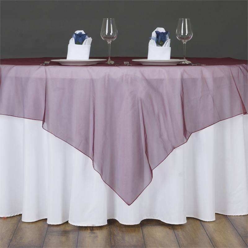 60'' | Burgundy Square Sheer Organza Table Overlays#whtbkgd