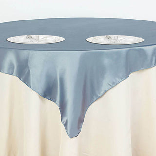 Add a Touch of Sophistication with the Dusty Blue Square Smooth Satin Table Overlay