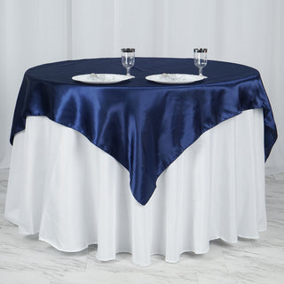 Enhance Your Event Decor with the Navy Blue Square Smooth Satin Table Overlay