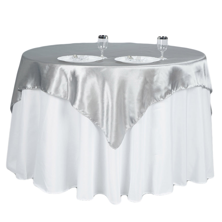 60"x 60" Silver Seamless Satin Square Tablecloth Overlay