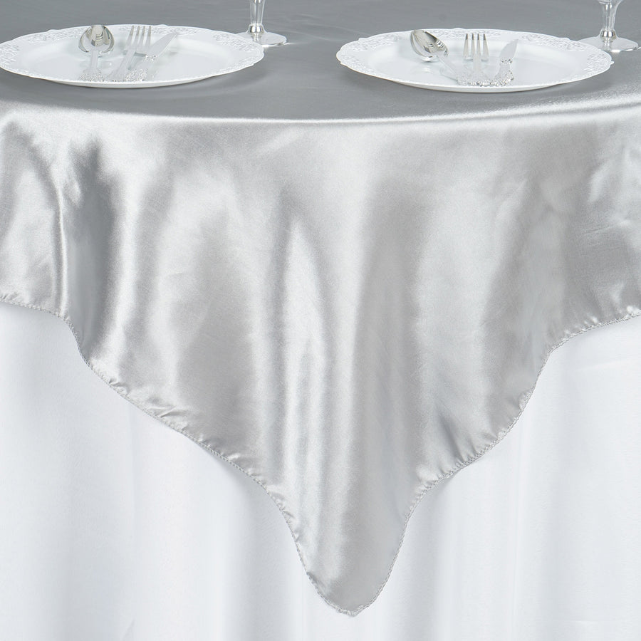 60"x 60" Silver Seamless Satin Square Tablecloth Overlay#whtbkgd