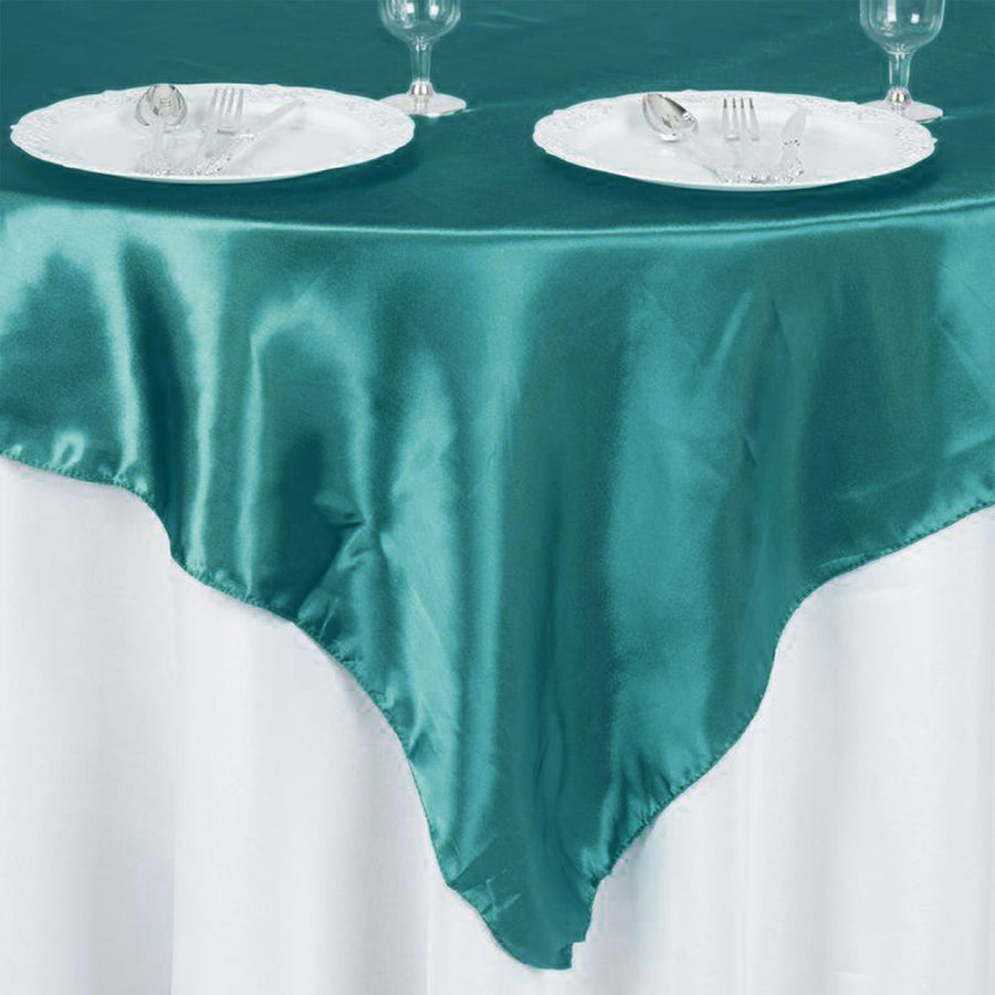 60inch x 60inch Turquoise Seamless Satin Square Tablecloth Overlay#whtbkgd