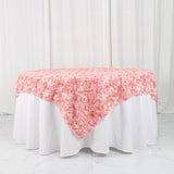 72x72inch Dusty Rose 3D Rosette Satin Table Overlay, Square Tablecloth Topper
