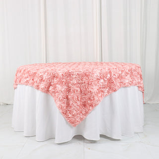 Elevate Your Tablescape Design with the Dusty Rose 3D Rosette Satin Table Overlay