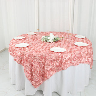 Enhance Your Event Decor with the Dusty Rose 3D Rosette Satin Table Overlay