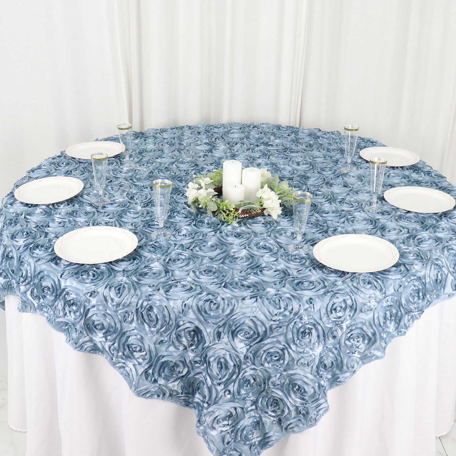 72x72inch Dusty Blue 3D Rosette Satin Table Overlay, Square Tablecloth Topper