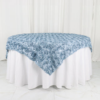 Elevate Your Event with the Dusty Blue 3D Rosette Satin Table Overlay
