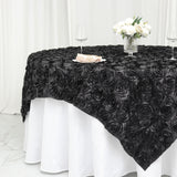 72x72inch Black 3D Rosette Satin Table Overlay, Square Tablecloth Topper