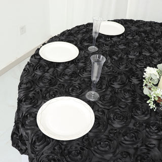 Enhance Your Wedding Decor with the Black 3D Rosette Satin Square Table Overlay