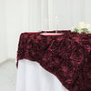 72x72inch Burgundy 3D Rosette Satin Table Overlay, Square Tablecloth Topper