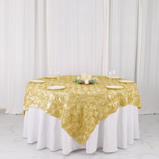 Elevate Your Wedding Decor with the Champagne 3D Rosette Satin Table Overlay