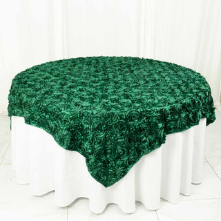 Elevate Your Tablescape with the Emerald Green Rosette Satin Table Overlay